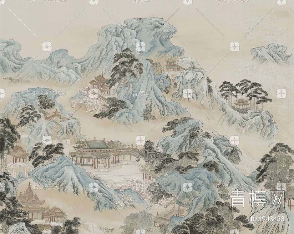 中式山水壁画，壁纸贴图下载【ID:1943433】