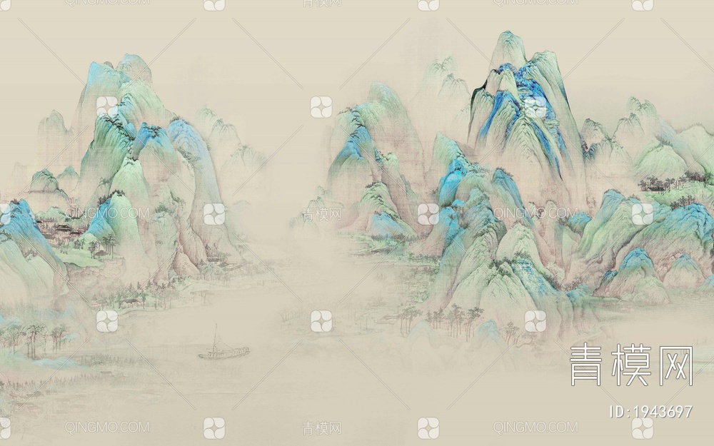 中式山水壁画，壁纸贴图下载【ID:1943697】