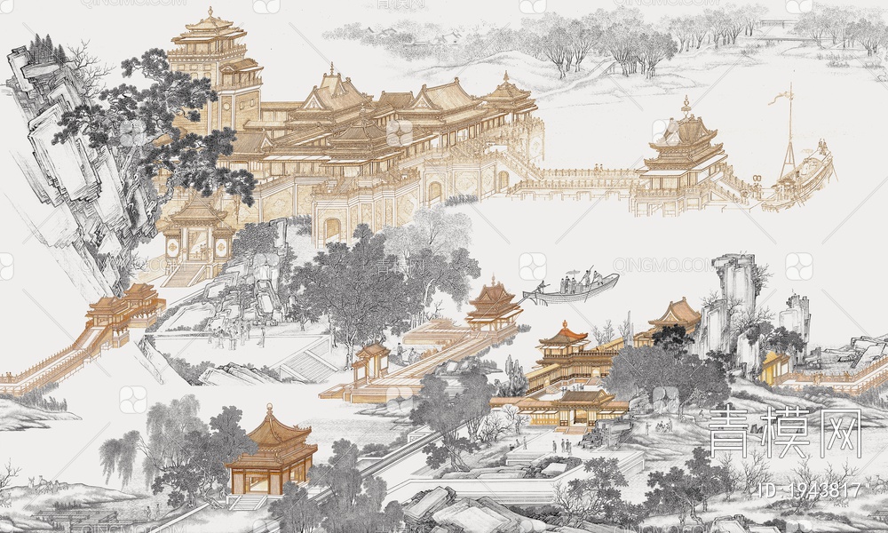 新中式山体楼阁壁画贴图贴图下载【ID:1943817】