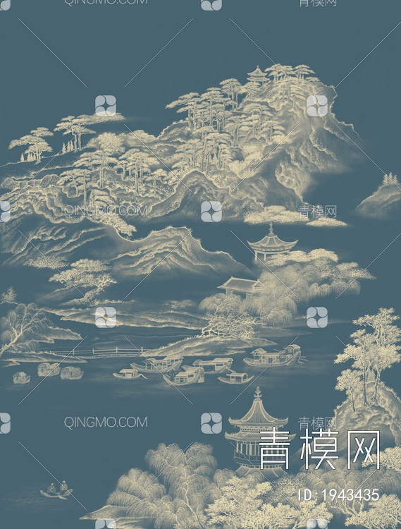 中式山水壁画，壁纸贴图下载【ID:1943435】