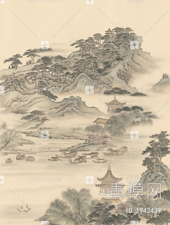 中式山水壁画，壁纸贴图下载【ID:1943439】