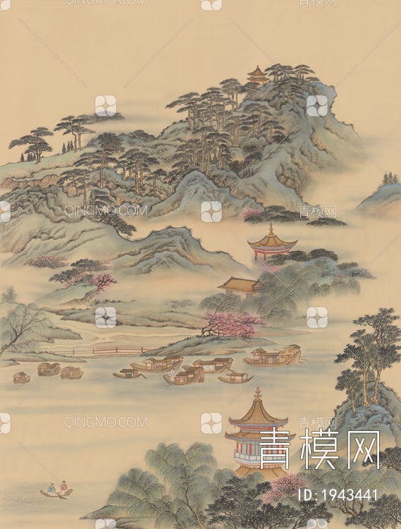 中式山水壁画，壁纸贴图下载【ID:1943441】