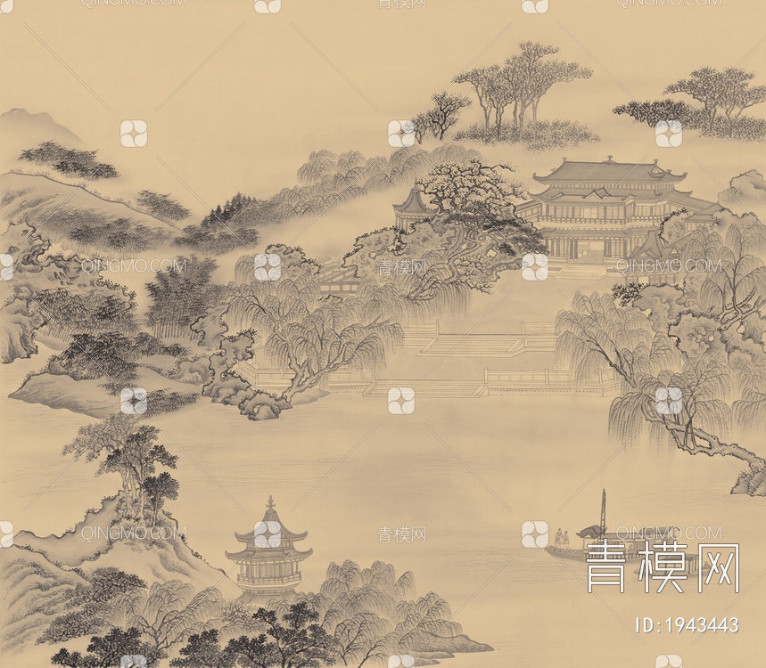 中式山水壁画，壁纸贴图下载【ID:1943443】