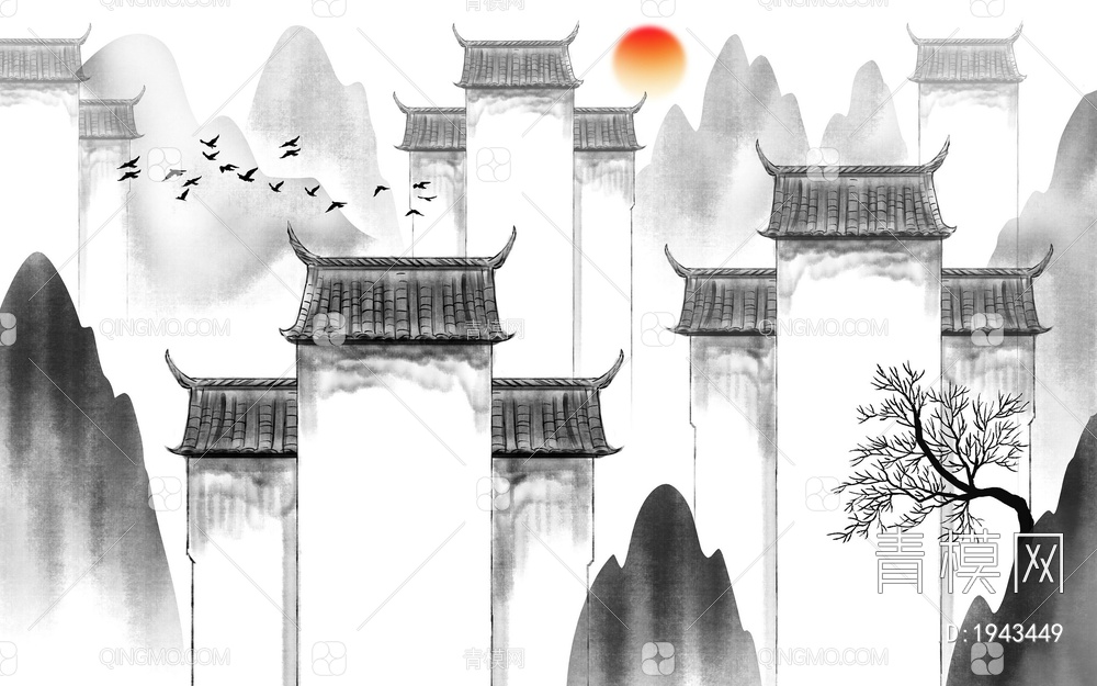 中式山水壁画，壁纸贴图下载【ID:1943449】