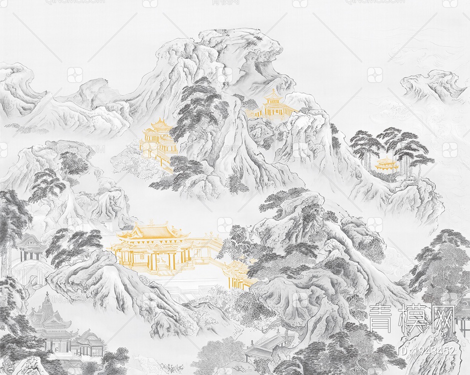 中式山水壁画，壁纸贴图下载【ID:1943452】