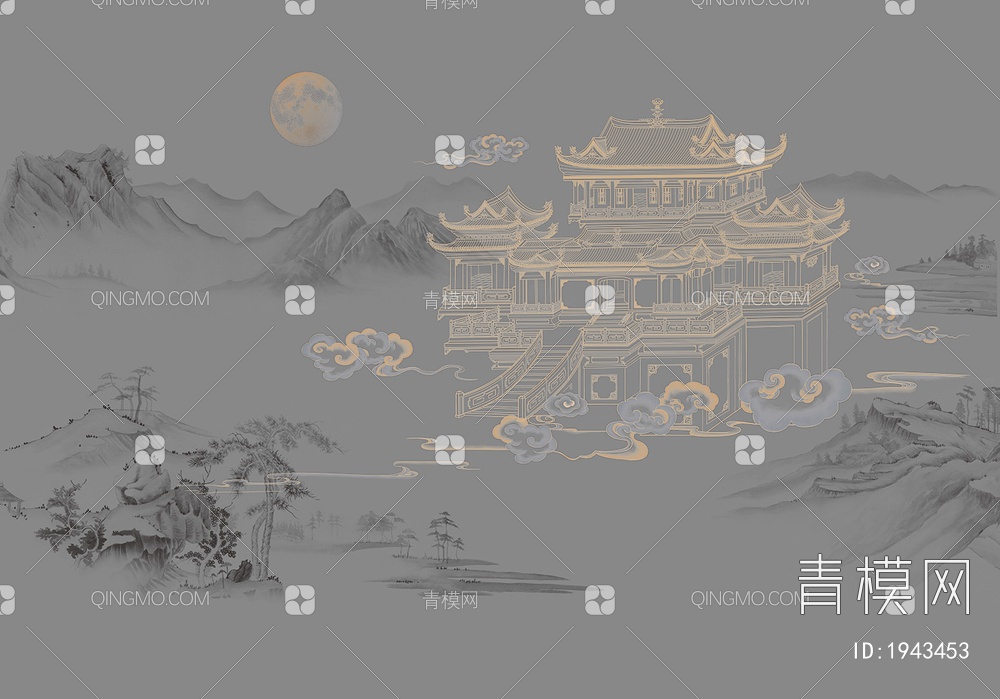 中式山水壁画，壁纸贴图下载【ID:1943453】
