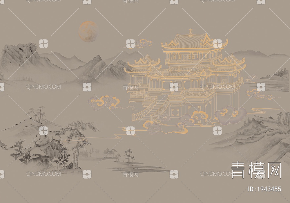 中式山水壁画，壁纸贴图下载【ID:1943455】