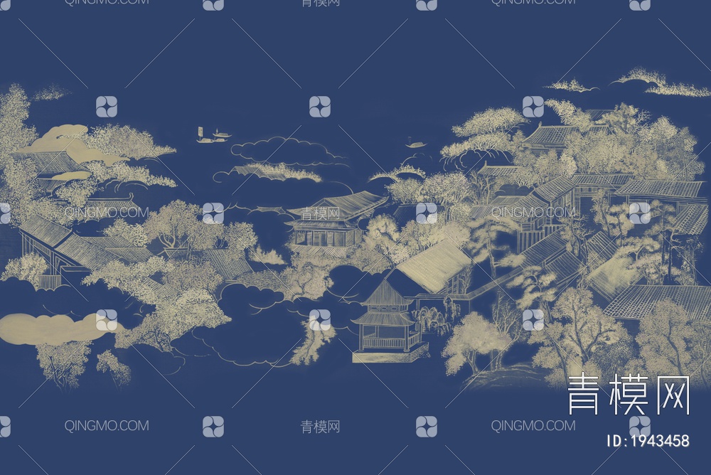 中式山水壁画，壁纸贴图下载【ID:1943458】