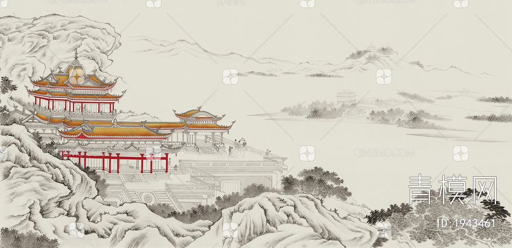 中式山水壁画，壁纸贴图下载【ID:1943461】