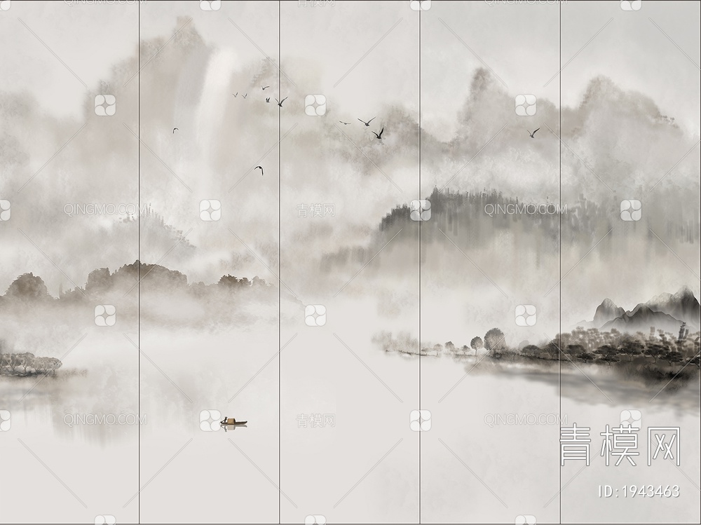 中式山水壁画，壁纸贴图下载【ID:1943463】