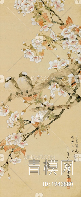 中式国画工笔花鸟画卷壁画挂画贴图贴图下载【ID:1943880】