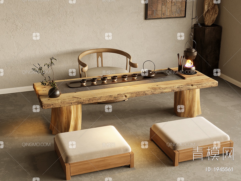 茶桌椅，茶桌，茶凳，茶具组合3D模型下载【ID:1945561】