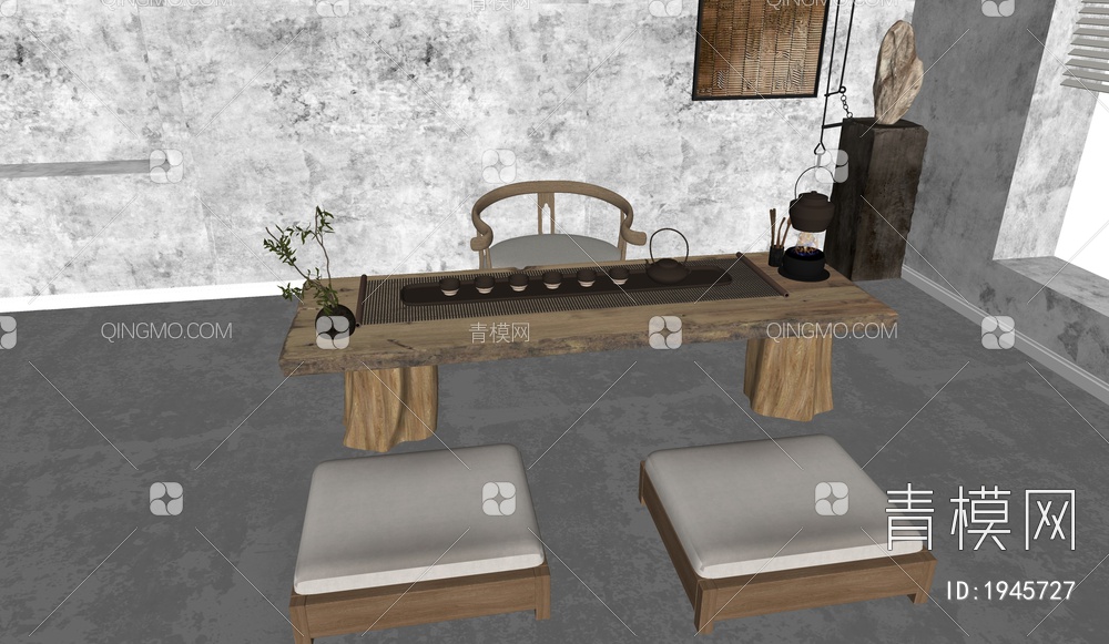茶室，茶桌，茶凳，茶具组合SU模型下载【ID:1945727】