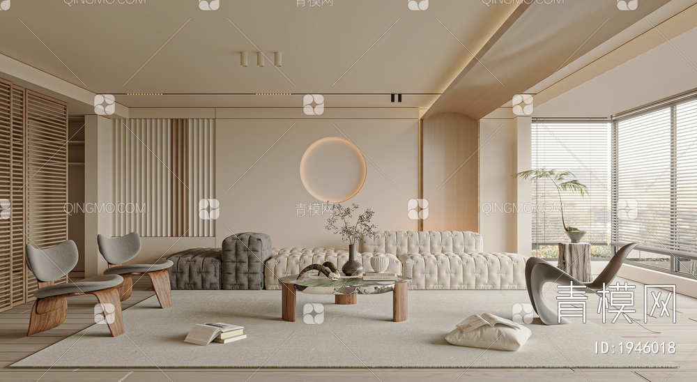 客厅 沙发 单椅 茶几 窗帘 地毯 饰品3D模型下载【ID:1946018】