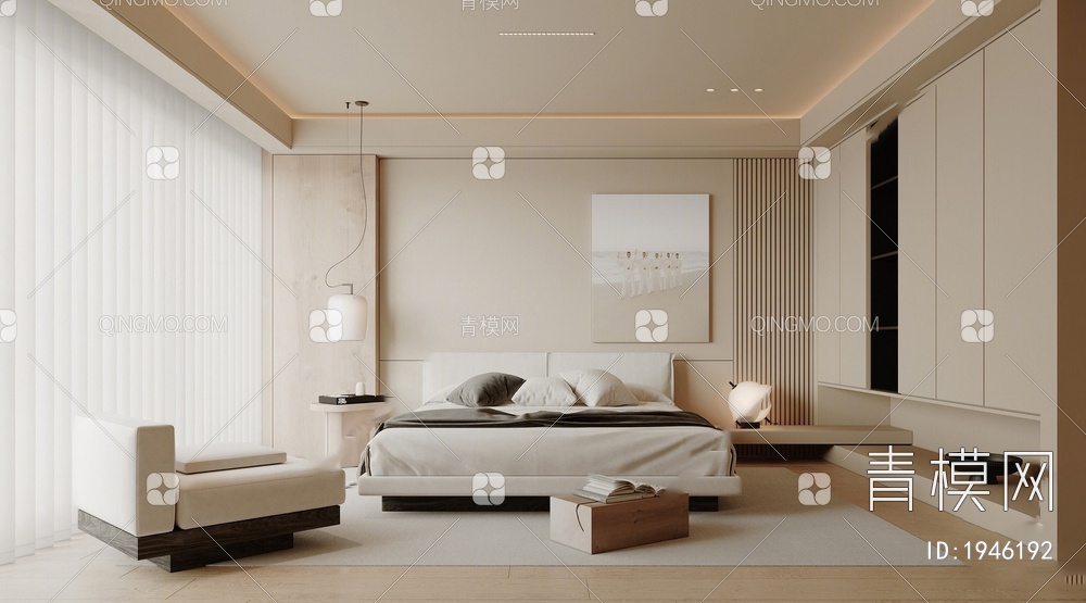 家居卧室 双人床组合 休闲椅 床头吊灯 挂画3D模型下载【ID:1946192】