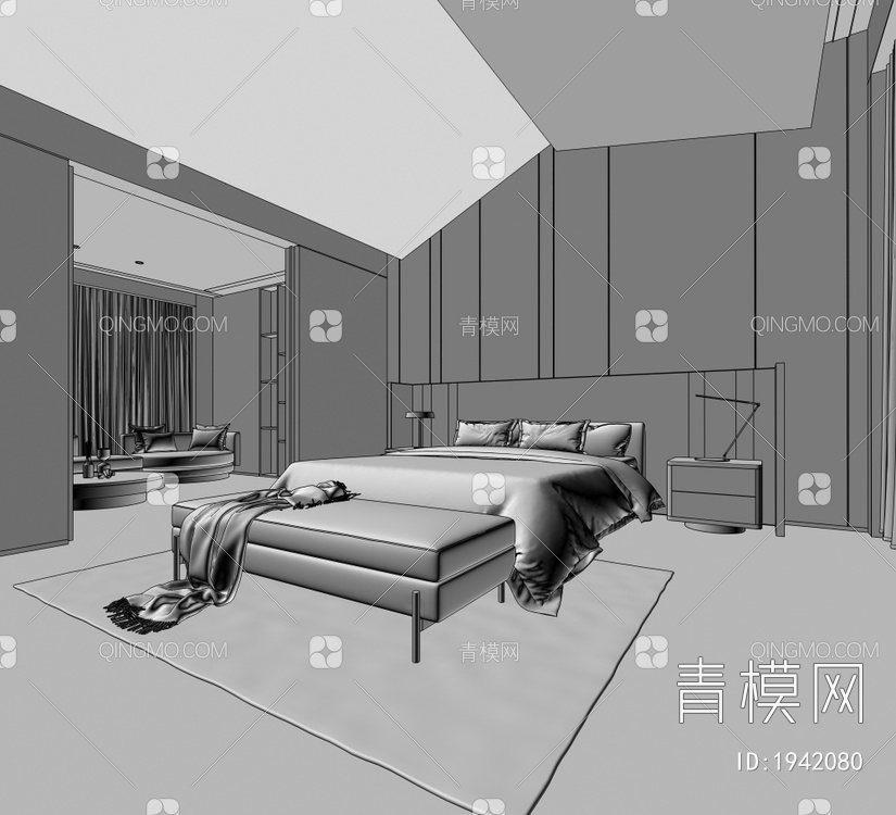 卧室 床 床头柜 台灯 床尾凳3D模型下载【ID:1942080】