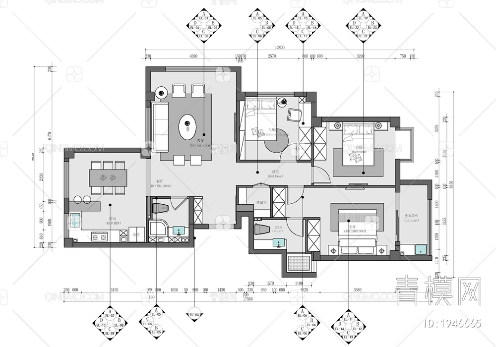 110㎡三居室家装室内施工图 家装 私宅 样板房 平层【ID:1946665】