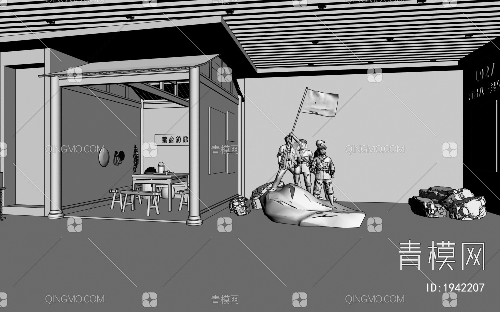 红色文化展厅 浮雕墙 互动触摸一体机 革命雕塑 文物展示台3D模型下载【ID:1942207】