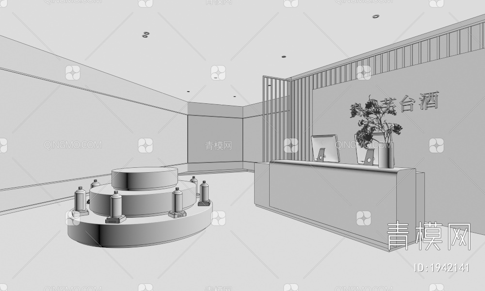 茅台酒展厅 浮雕墙 服务台 酒柜 展示中岛 茶桌椅组合3D模型下载【ID:1942141】