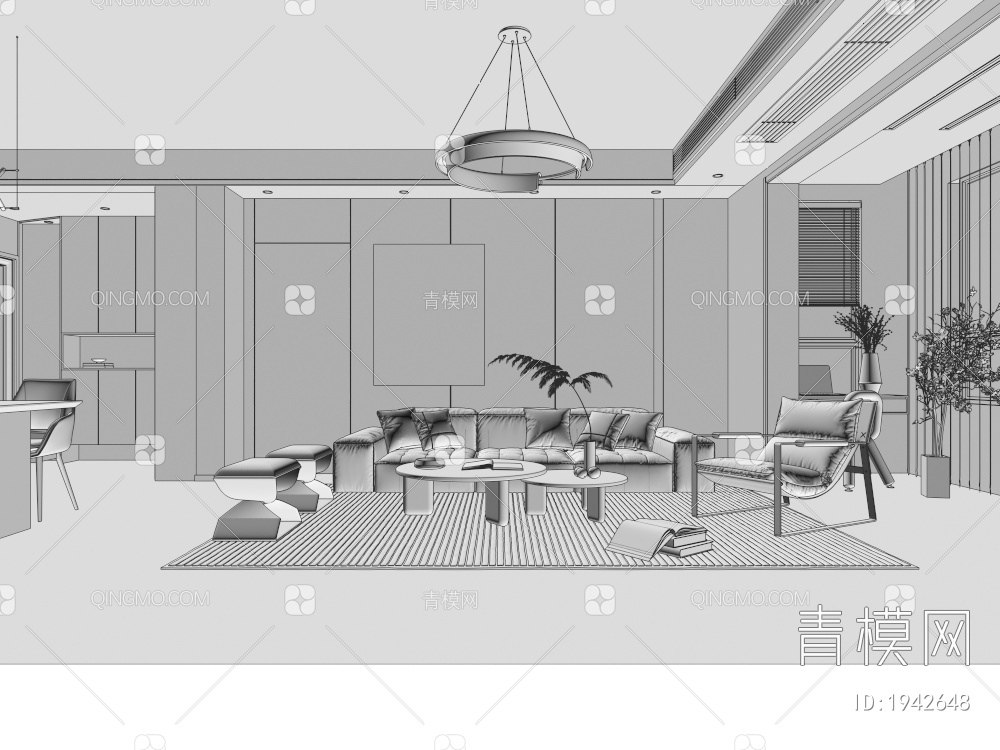 客餐厅 奶油风客餐厅 餐桌 奶油风沙发茶几 艺术摆件 装饰画3D模型下载【ID:1942648】