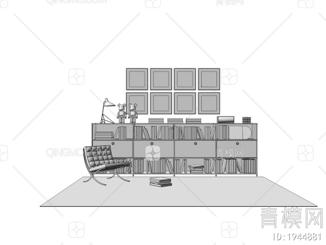 USM书柜 组合书柜 书架 装饰挂画 书籍摆件3D模型下载【ID:1944881】