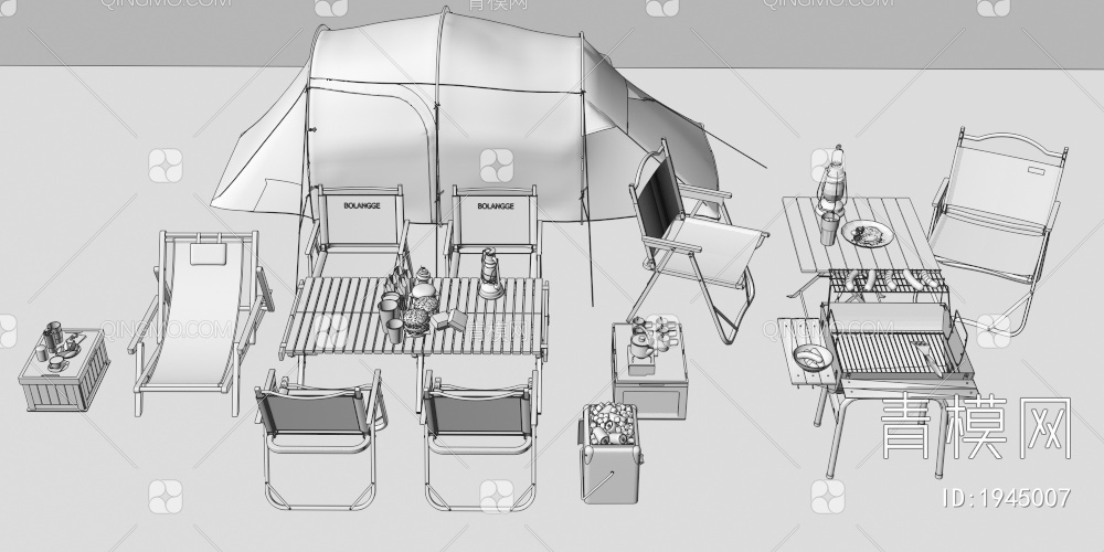 帐篷 露营桌椅 躺椅 烧烤架3D模型下载【ID:1945007】
