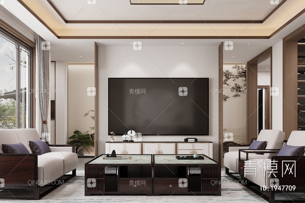 客厅 沙发茶几组合 电视背景墙3D模型下载【ID:1947709】