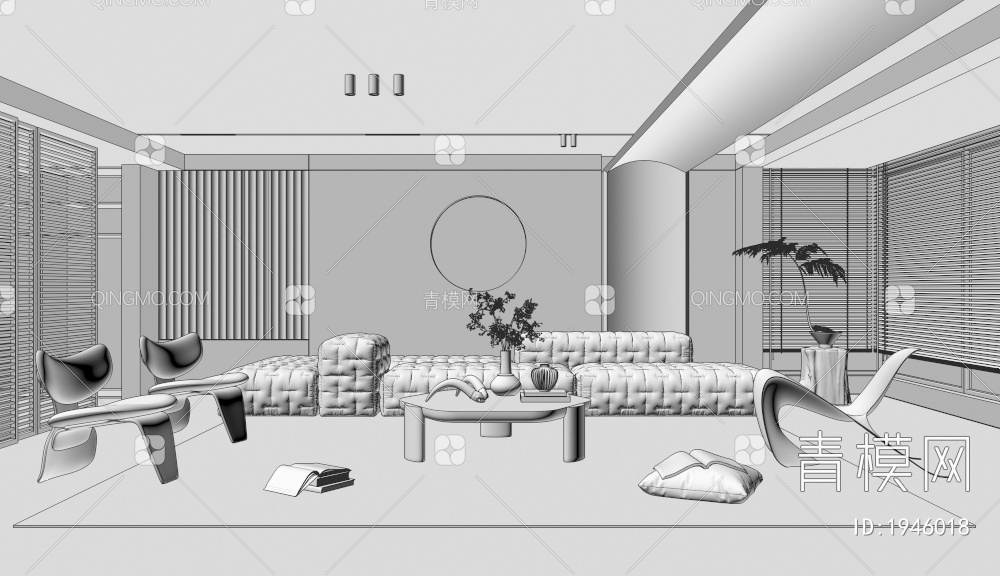 客厅 沙发 单椅 茶几 窗帘 地毯 饰品3D模型下载【ID:1946018】