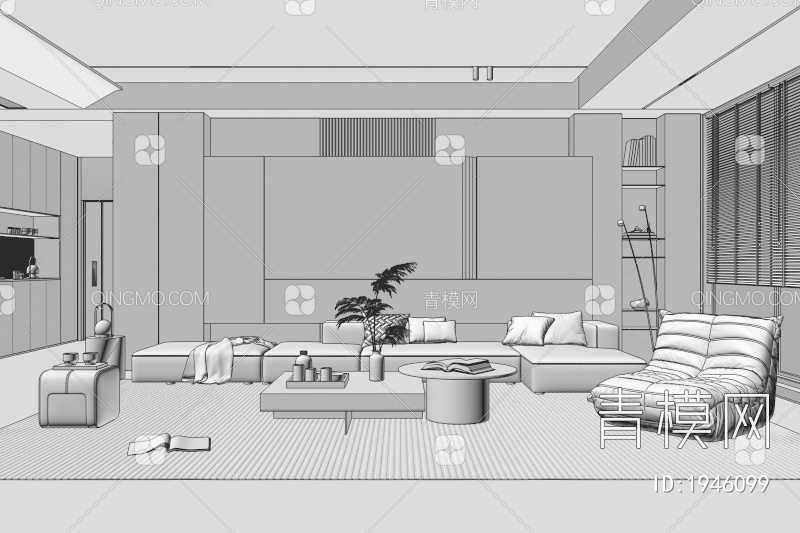 家居客厅 沙发 落地灯 盆栽 茶几 边几 沙发背景墙3D模型下载【ID:1946099】