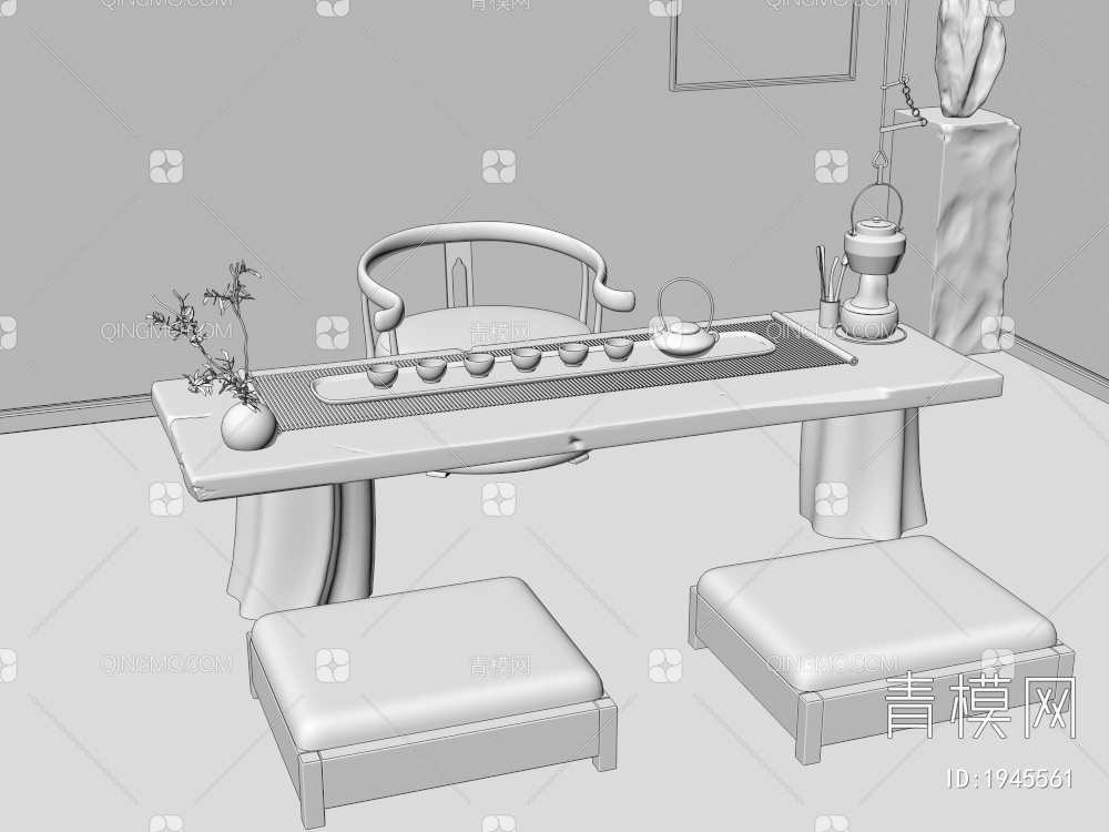 茶桌椅，茶桌，茶凳，茶具组合3D模型下载【ID:1945561】