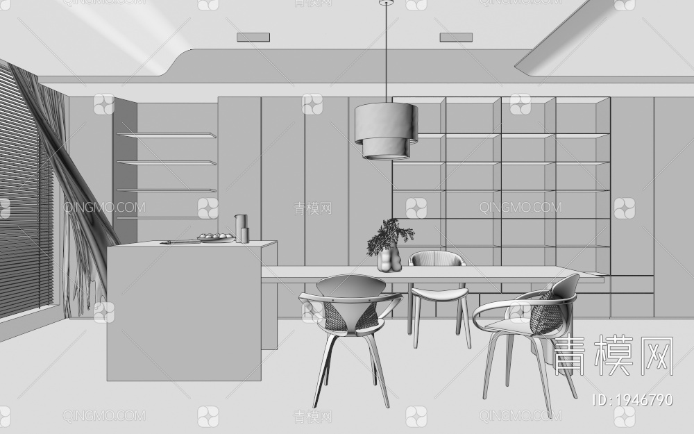 餐厅，餐桌椅，吊灯，装饰柜3D模型下载【ID:1946790】