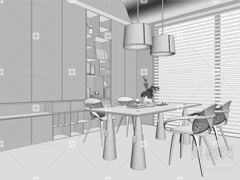 餐厅，餐桌椅，吊灯，装饰柜3D模型下载【ID:1946787】
