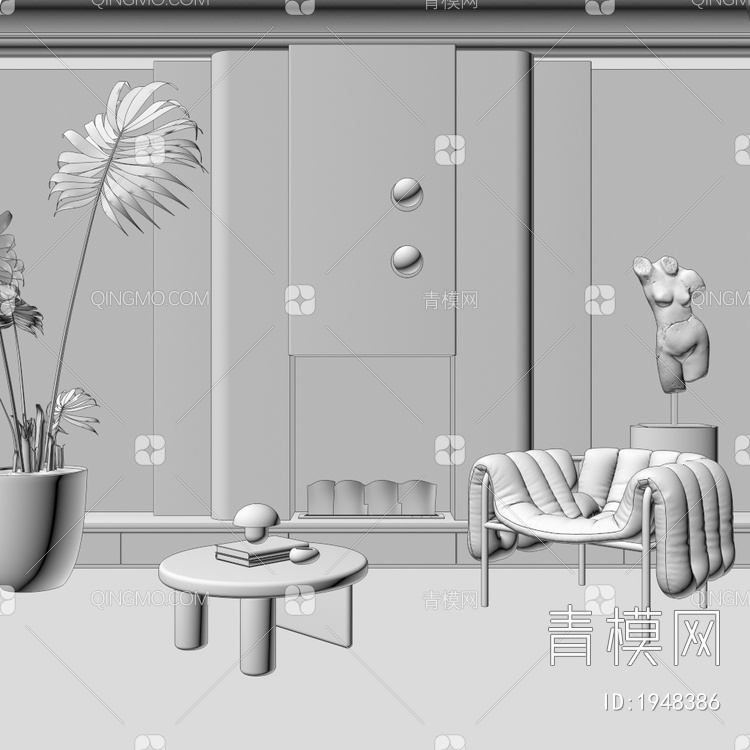 起居室 壁炉 沙发椅 茶几 绿植3D模型下载【ID:1948386】
