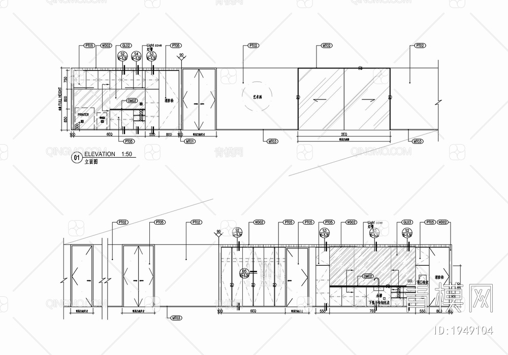 三层办公室施工图  办公楼 开敞办公 办公空间【ID:1949104】