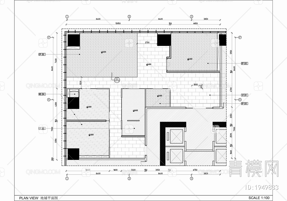 300㎡办公室施工图  办公空间 会议室 开敞办公【ID:1949833】