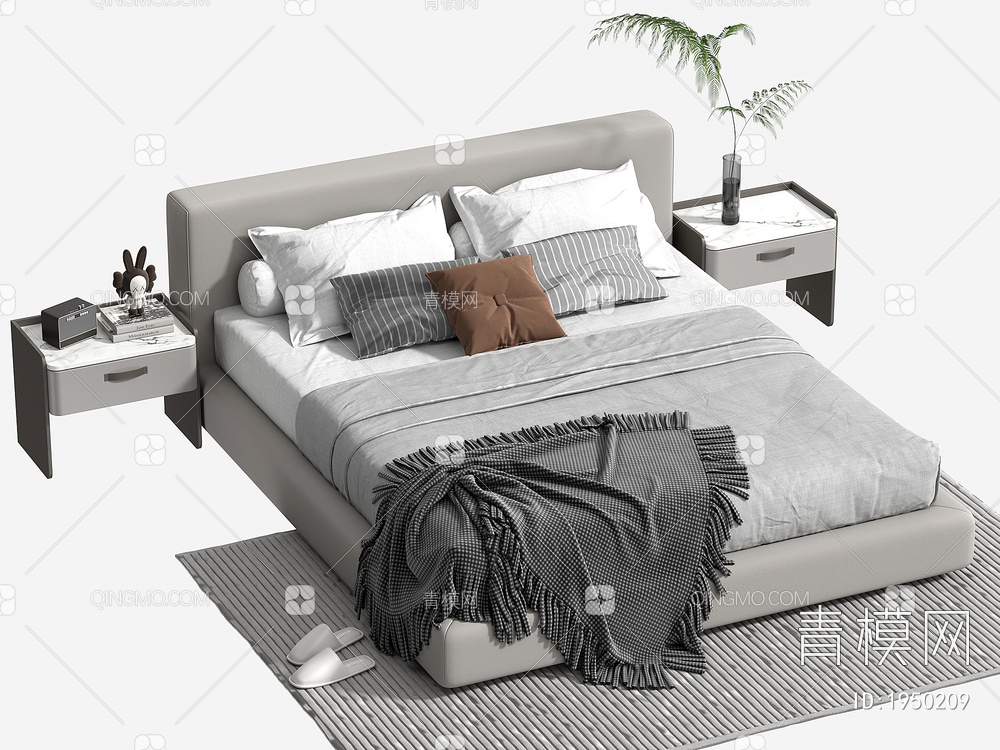 双人床 床头柜 枕头 棉被3D模型下载【ID:1950209】