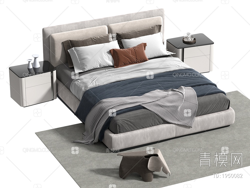 双人床 床头柜 枕头 棉被3D模型下载【ID:1950082】