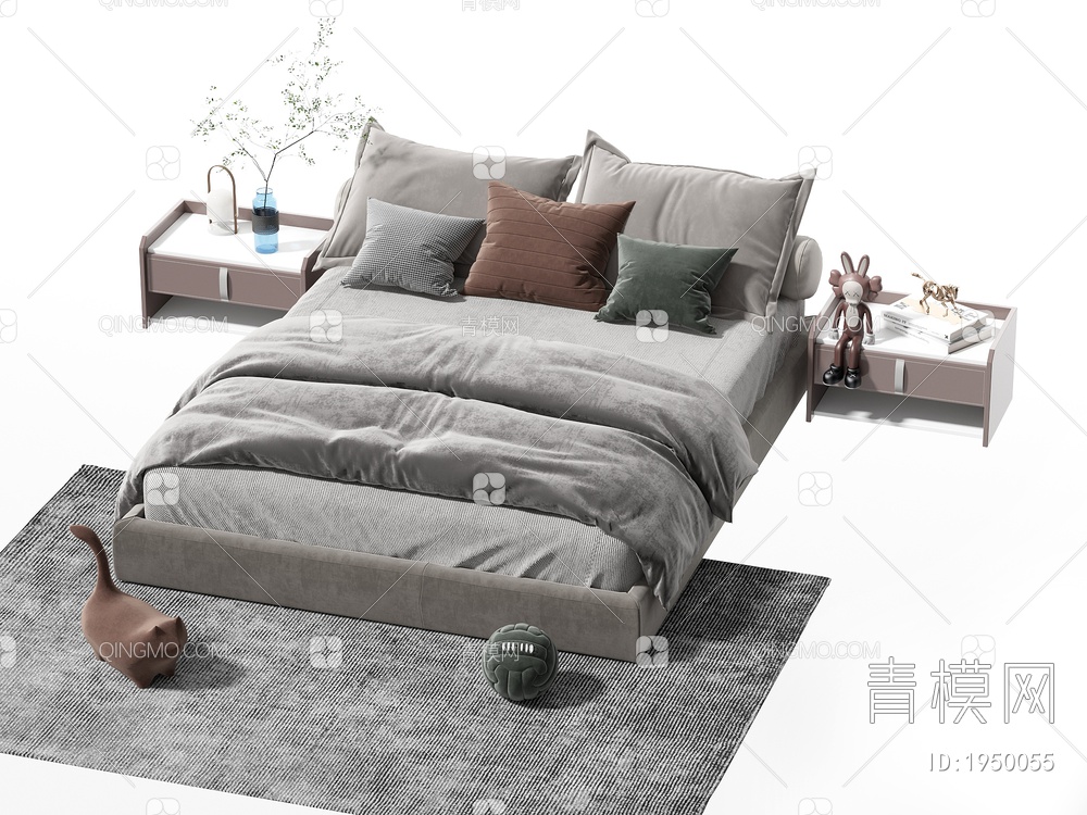 双人床 床头柜 枕头 棉被3D模型下载【ID:1950055】