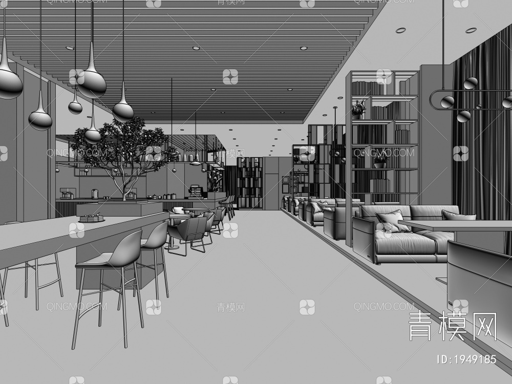 咖啡厅 吧台吧椅 沙发茶几组合 休闲桌椅 装饰书柜 操作台3D模型下载【ID:1949185】