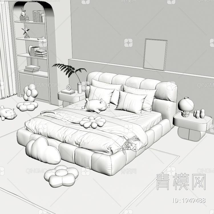 双人床 床头柜组合3D模型下载【ID:1949488】