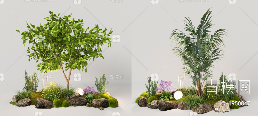 室内组团小景  植物堆 球形灌木 苔藓球  带花灌木植物组合3D模型下载【ID:1950847】