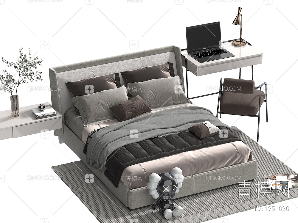 双人床 床头柜 枕头 棉被SU模型下载【ID:1951020】