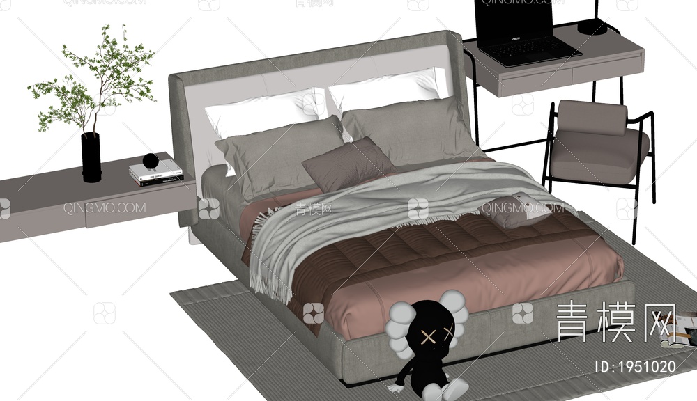 双人床 床头柜 枕头 棉被SU模型下载【ID:1951020】