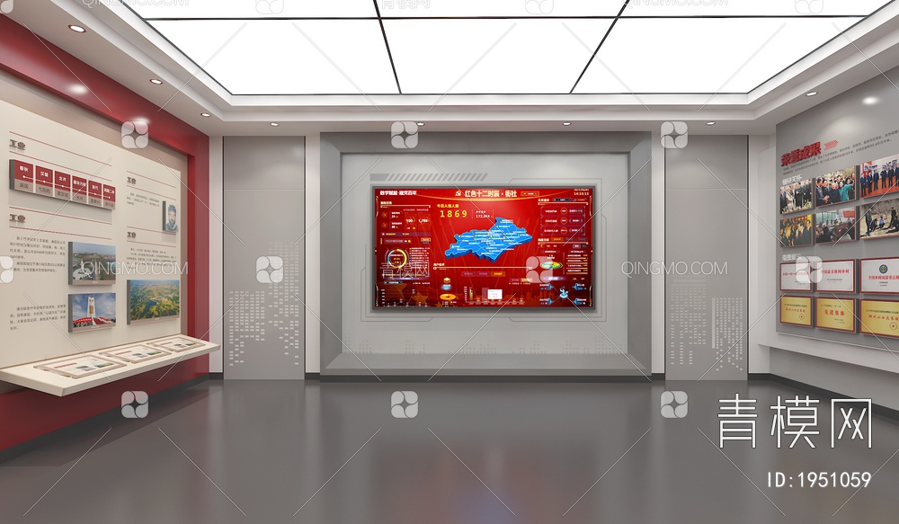 党建展厅 展示台 LED拼接大屏 党徽3D模型下载【ID:1951059】