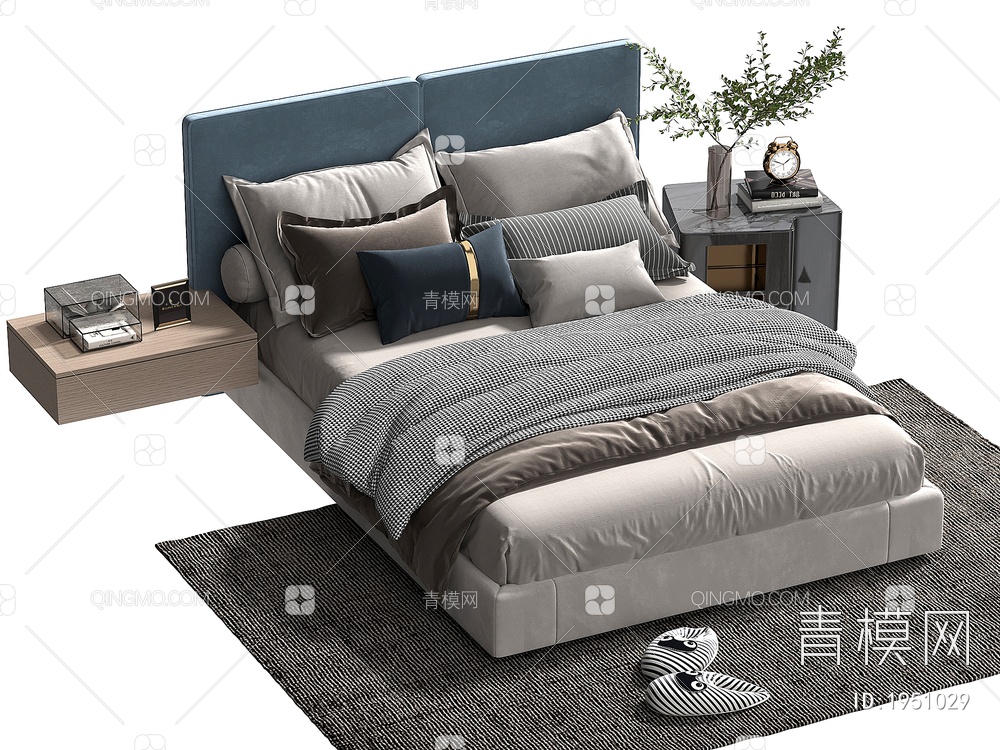 双人床 床头柜 枕头 棉被3D模型下载【ID:1951029】