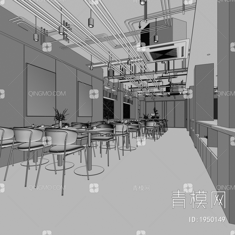 中餐厅 绿植墙 餐桌椅 售卖档口 自助餐台3D模型下载【ID:1950149】