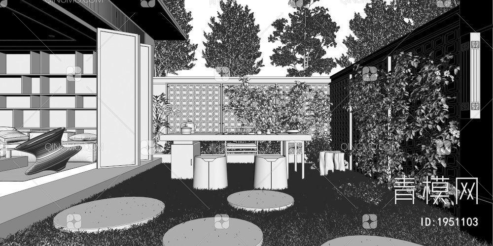 客餐厅 别墅花园3D模型下载【ID:1951103】