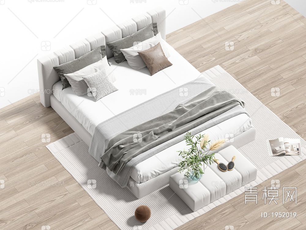 双人床 枕头 棉被 床SU模型下载【ID:1952019】