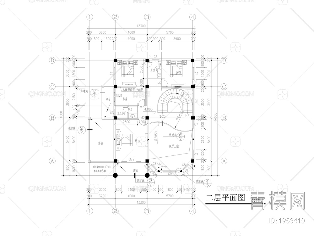 别墅建筑方案图纸，平面图，立面图【ID:1953410】