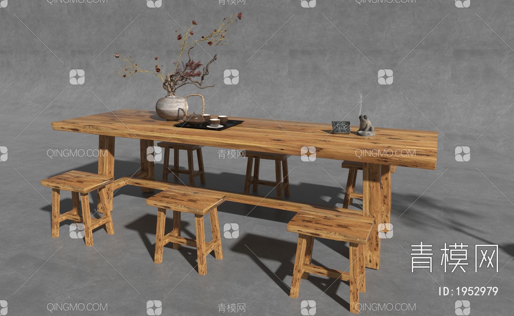休闲桌 原木桌子 实木茶桌椅组合 岩板泡茶桌 矮凳 茶盘茶具 烧水壶(2018)3D模型下载【ID:1952979】